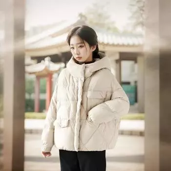 Короткая куртка-пуховик женская зимняя 2024 женская модная куртка на утином пуху с капюшоном теплая куртка M (recommended 80-60kg) чёрный