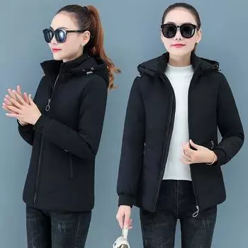 Короткая куртка с капюшоном для женщин среднего возраста, осенне-зимняя, облегающая, плюс, кашемировое теплое пальто, повседневное, из хлопка XXXXL чёрный