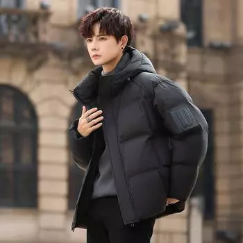 Короткая куртка с капюшоном, мужская куртка для подростков, повседневная, белая, утиный пух, утолщенная, теплая M чёрный