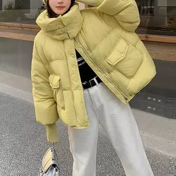 Короткая куртка с воротником-стойкой, зимняя женская белая утиная пуховая женская новая куртка One Size чёрный