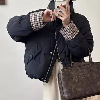 Короткая куртка с воротником-стойкой, зимняя женская белая утиная пуховая женская новая куртка One Size чёрный