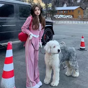 Короткая куртка-толстовка с капюшоном из бархата для женщин на осень и зиму с эффектом похудения. Комплект из двух повседневных брюк из бархата S розовый