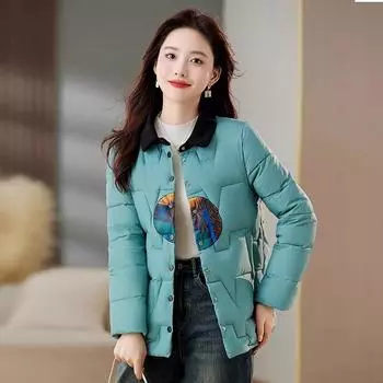 Короткая легкая куртка-пуховик женская зимняя 2024 года с ретро-принтом, высококачественная маленькая белая китайская термокуртка на утином пуху M