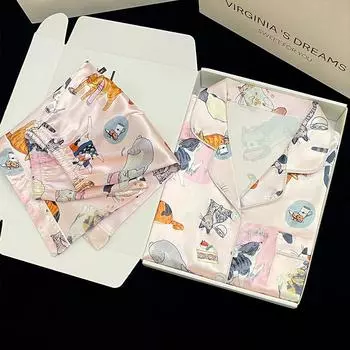 Короткая пижама с принтом мультяшных кошек для женщин, модная повседневная женская домашняя одежда из искусственного шелка для женщин L