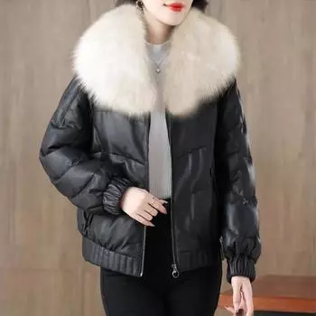 Короткая пуховая хлопковая куртка женская осенне-зимняя утолщенная с воротником из искусственного лисьего меха кожаные хлопковые куртки женское мотоциклетное пальто M