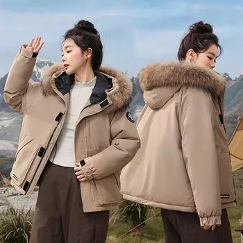 Короткая стеганая одежда женская зимняя новая с капюшоном большой меховой воротник утолщенная короткая женская куртка стеганая куртка M чёрный