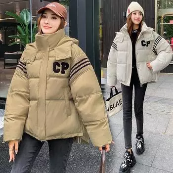 Короткая трикотажная сращивающаяся контрастного цвета хлопковая одежда женская модная свободная куртка с капюшоном из утолщенного хлопкового пуха M белый