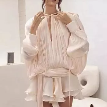 Короткая юбка с рукавами-фонариками и оборками, весна-лето и осень, плиссированное сетчатое короткое платье для женщин 2XL абрикосовый