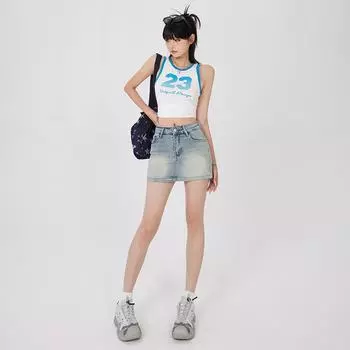 Короткая юбка в стиле ретро для женщин, облегающая бедра, универсальная джинсовая юбка А-силуэта XS синий