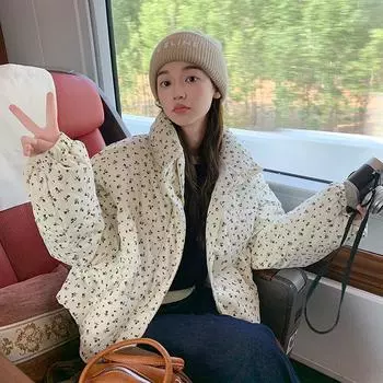 Короткая вельветовая одежда с цветочным принтом и хлопковой подкладкой, женская новая одежда с воротником-стойкой, корейская мода, универсальная толстая куртка с хлопковой подкладкой S чёрный