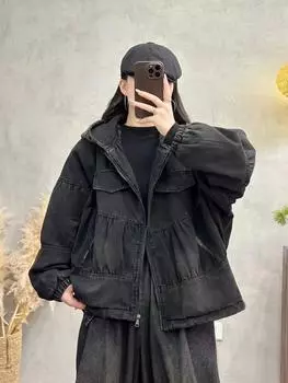 Короткая женская куртка 2025 осень новая персонализированный стиль длинный рукав молния ложный карман джинсовая с капюшоном верхняя одежда свободного кроя one size fits all чёрный