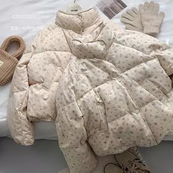 Короткая женская куртка-пуховик с цветочным принтом 2024 года, пасторальная, маленькая, белая, на пуху, куртка из утиного пуха One size