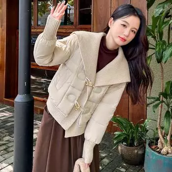 Короткая зимняя одежда из хлопка с большим лацканом для женщин, большого размера, тонкая, модная и красивая, трикотажная M чёрный