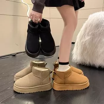 Короткие ботинки 2024 года, зимние, новые, с круглым носком, на толстой подошве, удобные, повседневные, однотонные, зимние ботинки в стиле ретро, бархатные, утолщенные, хлопковые, женские туфли 36 хаки
