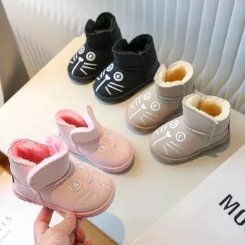 Короткие ботинки для мальчиков и девочек с милым котом, детские хлопковые ботинки на зиму 2024 года, новые милые детские теплые ботинки с мехом, нескользящие, модные 21 хаки
