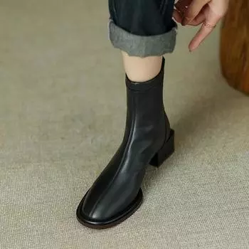 Короткие ботинки из мягкой кожи на толстом каблуке, женские осенние и зимние ботинки в стиле ретро 2025 года, тонкие ботинки с закругленным носком и молнией сзади 34 чёрный