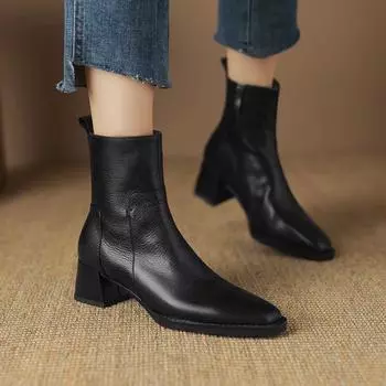 Короткие ботинки из мягкой кожи с грубым каблуком, женские, осень-зима 2025 года, новые, с боковой молнией, бархатные, со средним каблуком и квадратным носком, в стиле ретро, коричневые, тонкие ботинки 35 чёрный