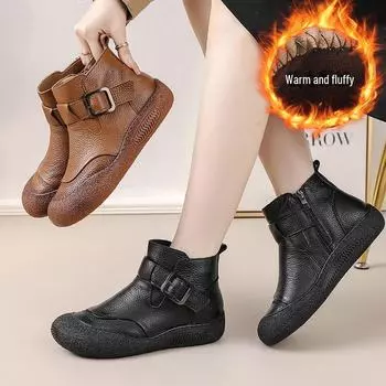 Короткие ботинки из натуральной кожи с бархатной подкладкой - мягкая подошва, плоская подошва, ретро-стиль для людей среднего и пожилого возраста 35