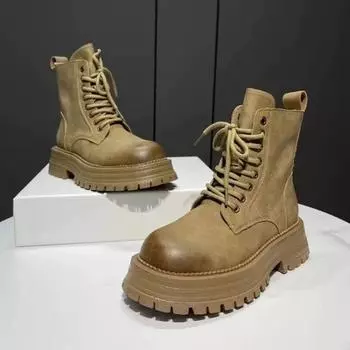 Короткие ботинки с толстой подошвой и завязками на плоской подошве Красивые мотоциклетные ботинки Британский стиль Модные и универсальные 35 чёрный