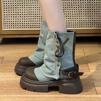 короткие ботинки Tide женские брюки сапоги осень и зима 2024 новые старые джинсовые сапоги толстый каблук тонкие сапоги трендовые сапоги Spice girls 35 чёрный