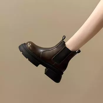 Короткие ботинки в стиле ретро с толстой подошвой и круглым носком, женские, осень 2024 года, новые ботинки Martin с толстой пяткой и тонким каблуком 35 коричневый