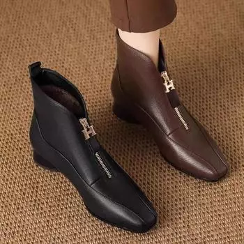 Короткие ботинки женские 2024 осень и зима новые толстый каблук средний каблук маленький квадратный носок универсальная удобная обувь короткие ботильоны с застежкой-молнией спереди 35