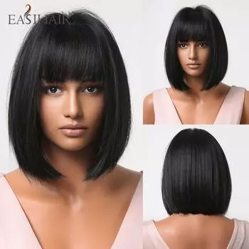 Короткие черные синтетические парики с челкой, прямой парик боб для женщин, Лолита, косплей, вечерние парики, термостойкие