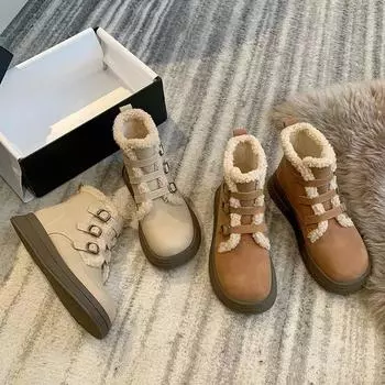 Короткие хлопковые ботинки на толстой подошве в стиле ретро, женские зимние ботинки 2024 года, плюшевые утолщенные повседневные теплые модные зимние ботинки на платформе с пряжкой 35 хаки