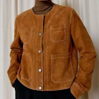 Короткие кожаные замшевые куртки женские с воротником с лацканами и длинными рукавами на пуговицах спереди с пряжкой укороченные женские винтажные женские замшевые куртки M верблюд