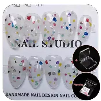 Короткие миндалевидные ногти ручной работы, желе прозрачного цвета, с цветными пятнами, набор накладных ногтей с клеем и коробкой, простые искусственные ногти, пресс для ногтей, многоразовые XS
