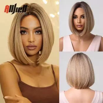 Короткие парики из синтетических волос «боб», смешанные светло-коричневые блондинки, прямые парики с эффектом омбре для чернокожих женщин, термостойкие афро-косплей для вечеринки Wig LC2009-1