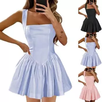 Короткие платья для выпускного вечера, атласное платье с квадратным вырезом и А-силуэтом L чёрный