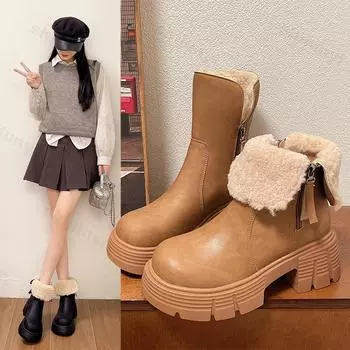 Короткие плюшевые туфли на толстой платформе для женщин, меховые зимние сапоги 2025 года, новый тренд зимы, женские ботильоны на высоком каблуке, Botas Mujer 35 чёрный