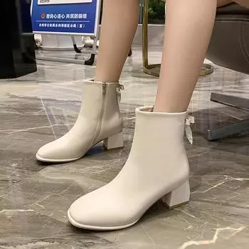 Короткие плюшевые женские ботильоны, модные туфли с боковыми молниями, осенне-зимние теплые женские короткие ботильоны на толстом высоком каблуке 35