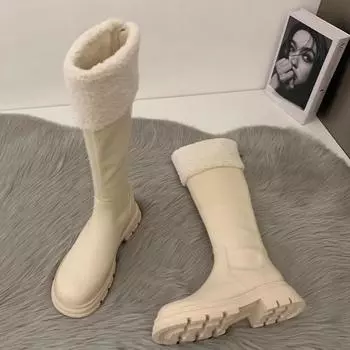 Короткие плюшевые женские сапоги до колена, модные женские элегантные сапоги на квадратном каблуке с молниями сзади, длинные рыцарские ботинки, зимняя женская обувь 35 покинуть белый