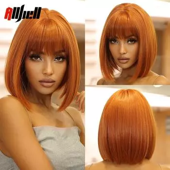 Короткие прямые синтетические парики для женщин, парик оранжевого цвета с челкой, вечерние, Хэллоуин, косплей, натуральные накладные волосы, термостойкие Wig-LC2049-1