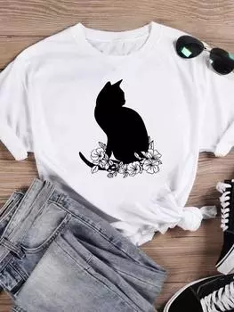 Короткие рукава футболки женские футболки с принтом летние мультяшные коты любовь валентинка рубашка женская графическая модная одежда S чёрный