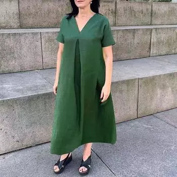 Короткие рукава Модный V-образный вырез Повседневный карман платье Повседневная юбка S зелёный