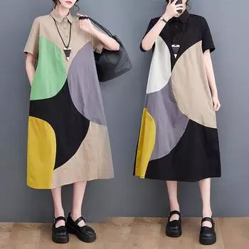 Короткие рукава пэчворк контрастного цвета платья для женщин свободного покроя винтажное платье модная элегантная одежда весна-лето 2025 One Size хаки