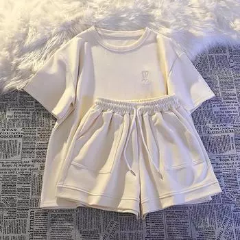 Короткие рукава шорты спортивный и досуговый костюм женский летний свободный модный костюм из двух частей XXL чёрный