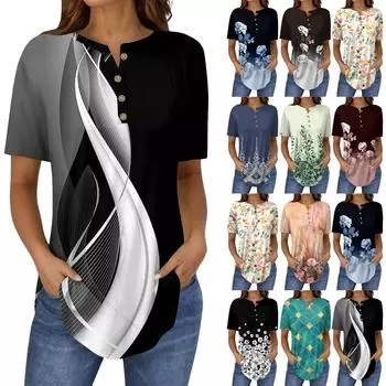 Короткие рукава женские топы летние футболки цветочный принт V-образный вырез повседневные базовые футболки рубашки на пуговицах туники M тёмно-синий