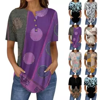 Короткие рукава женские топы летние футболки цветочный принт V-образный вырез повседневные базовые футболки рубашки на пуговицах туники XL чёрный