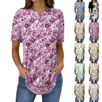 Короткие рукава женские топы летние футболки цветочный принт V-образный вырез повседневные базовые футболки рубашки на пуговицах туники M зелёный