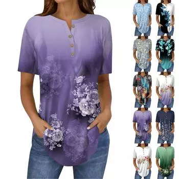 Короткие рукава женские топы летние футболки цветочный принт V-образный вырез повседневные базовые футболки рубашки на пуговицах туники L