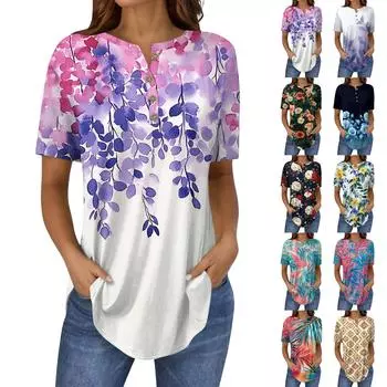 Короткие рукава женские топы летние футболки цветочный принт V-образный вырез повседневные базовые футболки рубашки на пуговицах туники L
