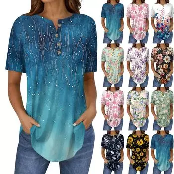 Короткие рукава женские топы летние футболки цветочный принт V-образный вырез повседневные базовые футболки рубашки на пуговицах туники XL