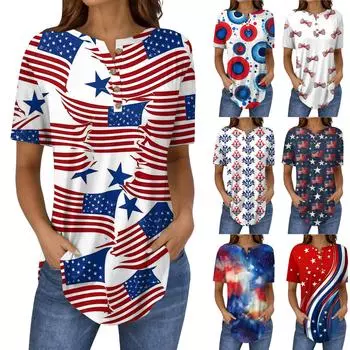 Короткие рукава женские топы летние футболки принт V-образный вырез повседневные базовые футболки рубашки на пуговицах туники топы День независимости M тёмно-синий