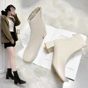 Короткие сапоги большого размера, толстый каблук, квадратный носок, короткая трубка, британский стиль, модные ботинки Martin для женщин 35 чёрный