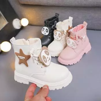 Короткие сапоги для девочек и мальчиков, осенние и зимние детские сапоги из двух хлопковых тканей, модные кожаные сапоги для девочек с героями мультфильмов 22
