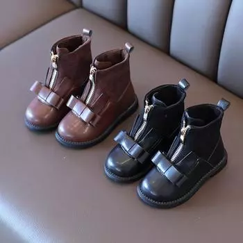 Короткие сапоги для девочек, осень-зима 2021, новые ботинки принцессы martin с бантом, детская кожаная спортивная обувь, модные одинарные ботинки Tide 21 (Insole 13.5CM) чёрный